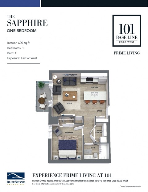 The sapphire floorplan, one bedroom  at 101 Base Line Road West, Ontario
